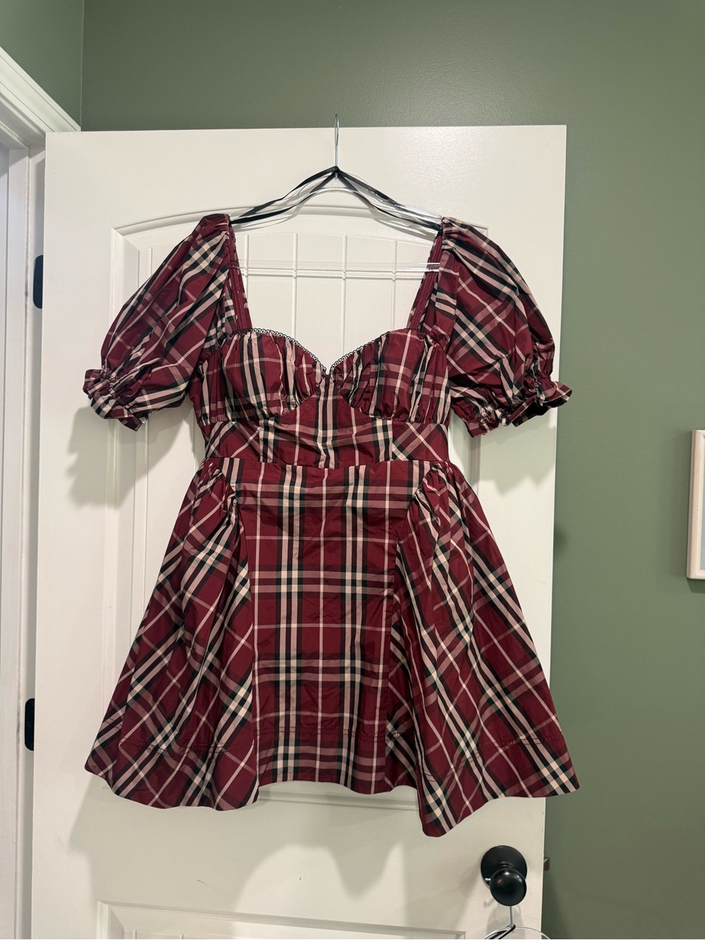 Maeve Burgundy Plaid Puff-Sleeve Fit & Flare Dress